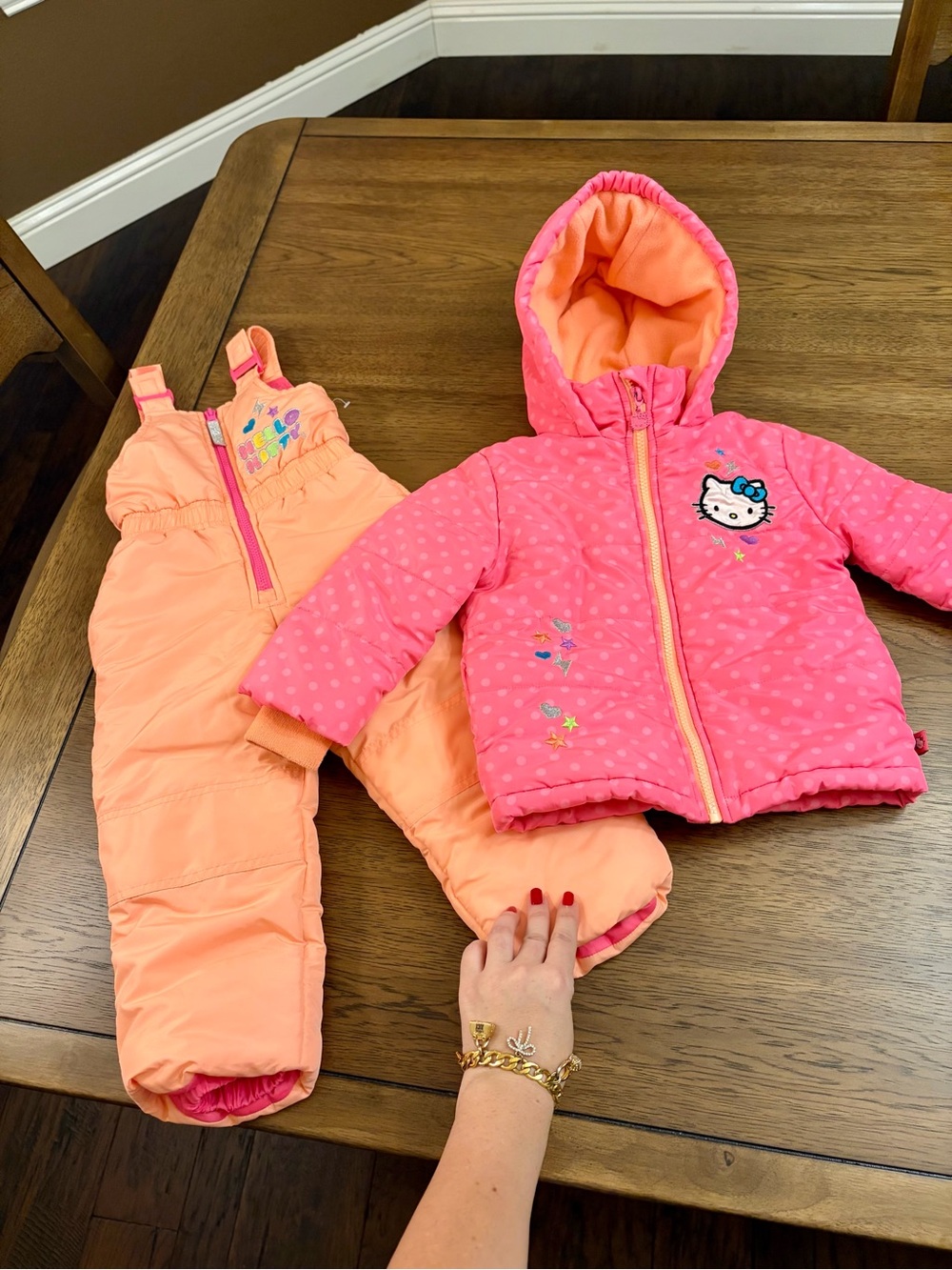 Hello Kitty Pink Toddler Girl Hooded PufferJacket with Bib Snow Pants Ski 2-3 yr